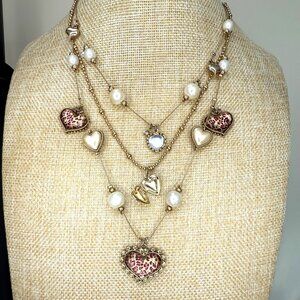 Betsey Johnson Multi-Layer Gold-Tone Necklace With Heart & Pearl Charms Leopard